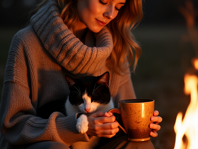 Warmth and Companionship aiart aicreations aicreator autumn cocoa coffee companionship cozy dfartistry graphic design tuxedo cat warmth