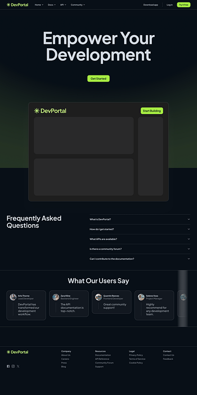 Developer portal landing page layout design