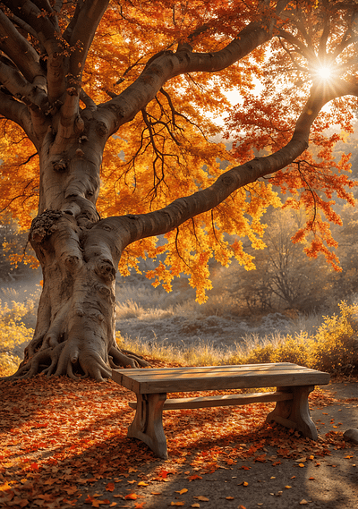 Golden Hour Haven autumn bench cozy fall forest golden hour landscape season trees warm