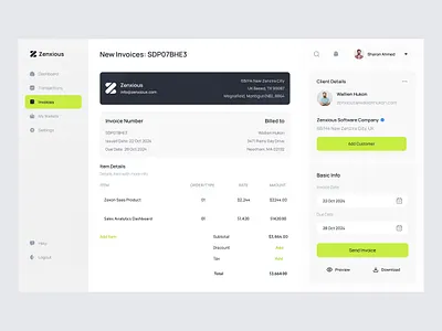 Zenxious - Financial Invoice Web UI admin analytics crm crm app crm software customer management data visualization financial dashboard financial saas product finnancial web app product design reports saas saas dashboard saas product saas website sales analytics sidebar system mangement website