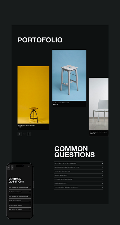 Сторінка з портофоліо вебсайту студії меблів на замовлення dark mode design faq graphic design ui вебдизайн. портофоліо