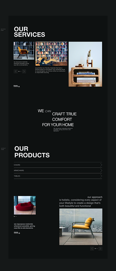 Services page for furniture design studio dark mode graphic design ui вебдизайн. сторінка послуги