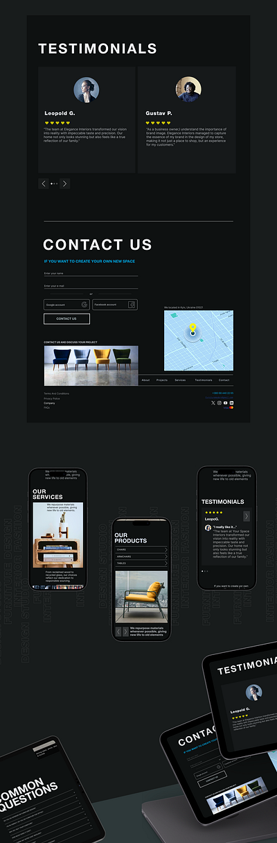 Testimonials, contact form and footer dark mode graphic design ui контакти форма футер