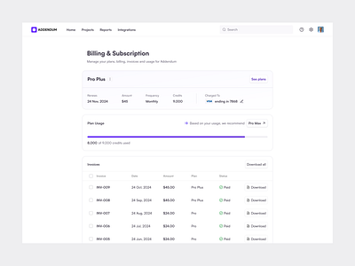 Billing & Subscription - Addendum billing invoice plan usage subscription ui ux