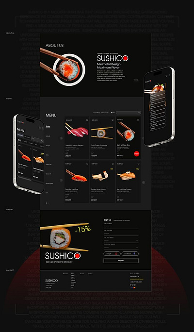 About us page, menu and footer for the sushi 🍣 restaurant dark mode graphic design logo menu mobile version ui вебдизайн.