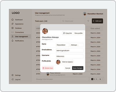 User Management Dashboard & Pop-up Overlay design product design ui ux