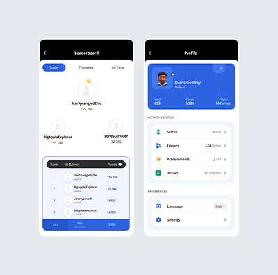 Leaderboard and Profile screen design product design ui ux