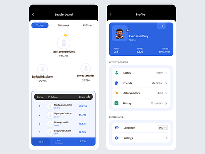 Leaderboard and Profile screen design product design ui ux