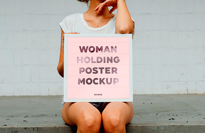 Woman holding poster mockup branding design download file free freebie illustration kriollodesign mockup poster psd ui