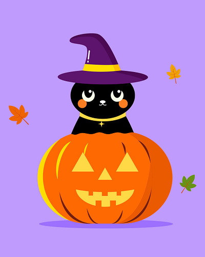 Black cat autumn black black cat cat cute design fall flat flat vector halloween happy halloween hat illustration pumpkin spooky spooky season ui vector