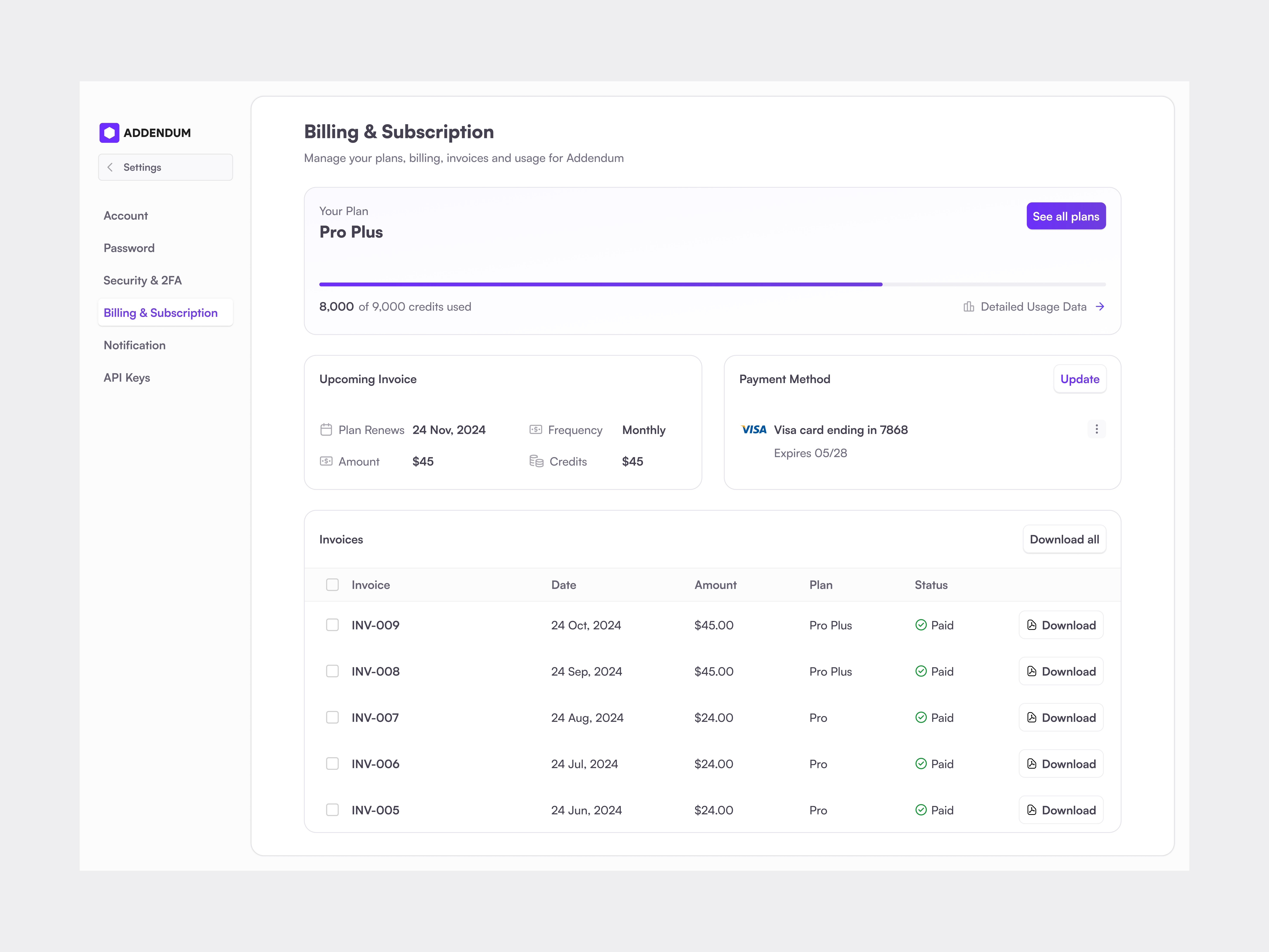 Billing & Subscription Alt - Addendum billing history invoice payment method plans settings subscription table