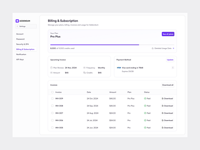 Billing & Subscription Alt - Addendum billing history invoice payment method plans settings subscription table