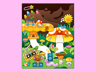 Peachtober24: Party character design club colorful dancing design dj flat flowers fungi garden girl illustration illustrator mushroom nails sleeping stars texture vector whimsical