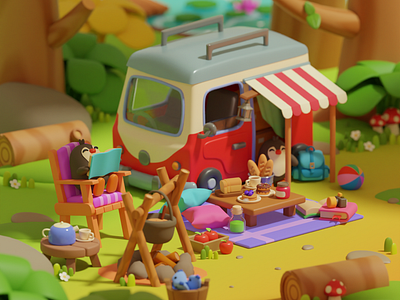 Camping 3d blender character color concept drawing illustration