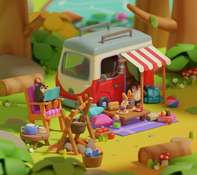 Camping 3d blender character color concept drawing illustration