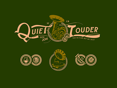 Quiet Louder Jazz Bar & Club - Branding bar branding club crest design drawing emblem gramaphone graphic illustration lettering letters logo trumpet winery