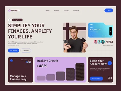 Finnect - Header Exploration financemanagement landing page minimaldesign modernui transaction ui ux uiexploration userexperience wealth management web webdesign website