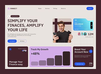 Finnect - Header Exploration financemanagement landing page minimaldesign modernui transaction ui ux uiexploration userexperience wealth management web webdesign website