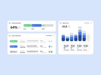 UI Component Upcoming Schdule Part app blue chart checklist clean component design diagram flat funneal graphic icon saas schdule simple status task timer ui white mode