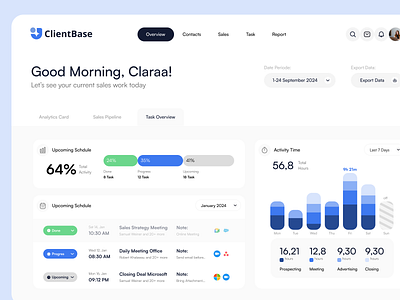 ClientBase - Task Overview app blue branding chart clean client dashboard design diagram flat graphic design icon logo motion graphics saas sales schdule simple task ui