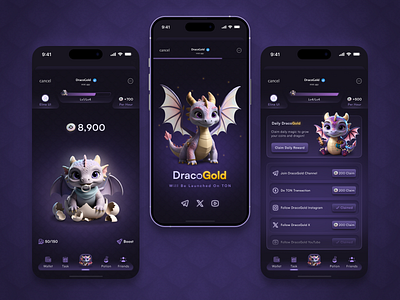 DracoGold, Telegram AirDrop Game airdrop app bot crypto cute dark design dragon fantasy figma game graphic design miniapp mobile purple taptoearn telegram telegrambot trend ui