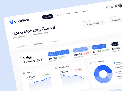 ClientBase - Sales Pipeline app blue branding busines clean clientbase component dashboard design diagram flat icon illustration report saas sales simple ui