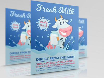 Farm Fresh Milk Flyer Template branding breakfast business cow dairy design flyer food fresh illustration leaflet poster