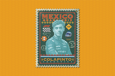 Franco Colapinto Mexico Grand Prix Postage Stamp carlos reutemann checo perez colorful formula 1 formula one franco colapinto lole reutemann mexico mexico grand prix vintage vintage textures