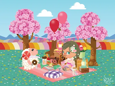 Picnic aniimal crossing cherry blossom clouds illustration picnic