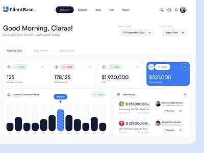 ClientBase - Overview Card app blue branding chart clean clientbase dashboard design diagram flat history home icon illustration overview rangga report saas simple ui