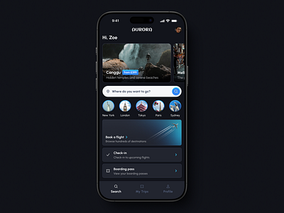 Aurora | Flight booking application animation app aurora blue booking dark mode flight gradient home page ice icons ios iphone london new york search travel ui ux visual