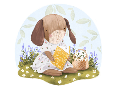 Reading a book art book book cover book illustration character illustration children illustration colorfull cute dog design digital art dog art dog illustration illustration kids book kids illustration meadow procreate summer