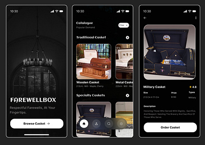 Farewellbox app design black casket funeral uiux ux