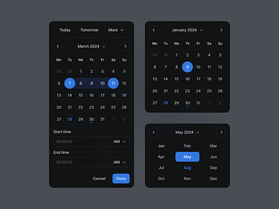 Date Picker Dark Mode - SquareUi calendar date picker design system figma product design ui ux web design