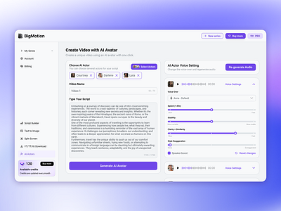 AI Avatar Creation Page for BigMotion ai ai design artificial intelligence avatar avatar design clean clean color clean design clean figma clean ui design for ai figma flux innovation motion ui ui ux ux design violet design white violet color