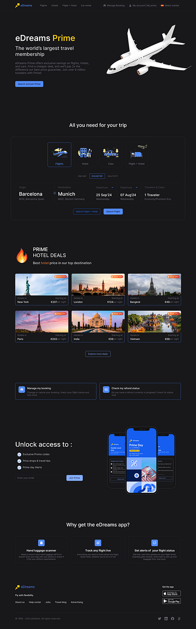 eDreams Website Landing page -Dark Theme animation bluecolor darktheme edreams flightbookingwebstie landingpage mobileverson ui uxdesign website