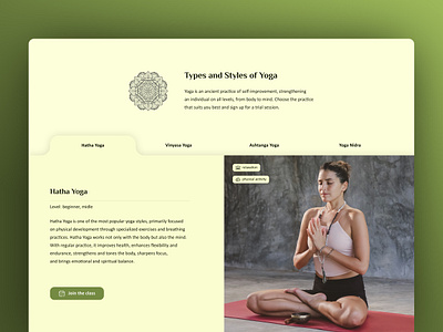 Tabbed Interface for Yoga Styles Section aesthetic design health illustration mindfulness peace tabbed navigation ui user experience ux web design website wellness yoga yoga studio website