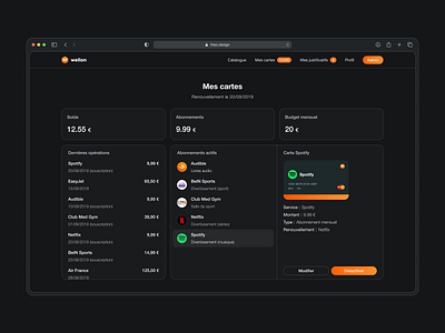Wellon SaaS Credit Cards & Subscriptions Page bento card credit card creditcard dark dashboard manage management platform saas subscriptions table ui ux
