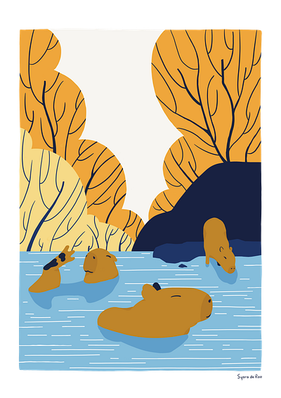 Bath Time animal art art print autumn bath blue capy capybara cute illustration nature orange poster procreate rock swimming tree water