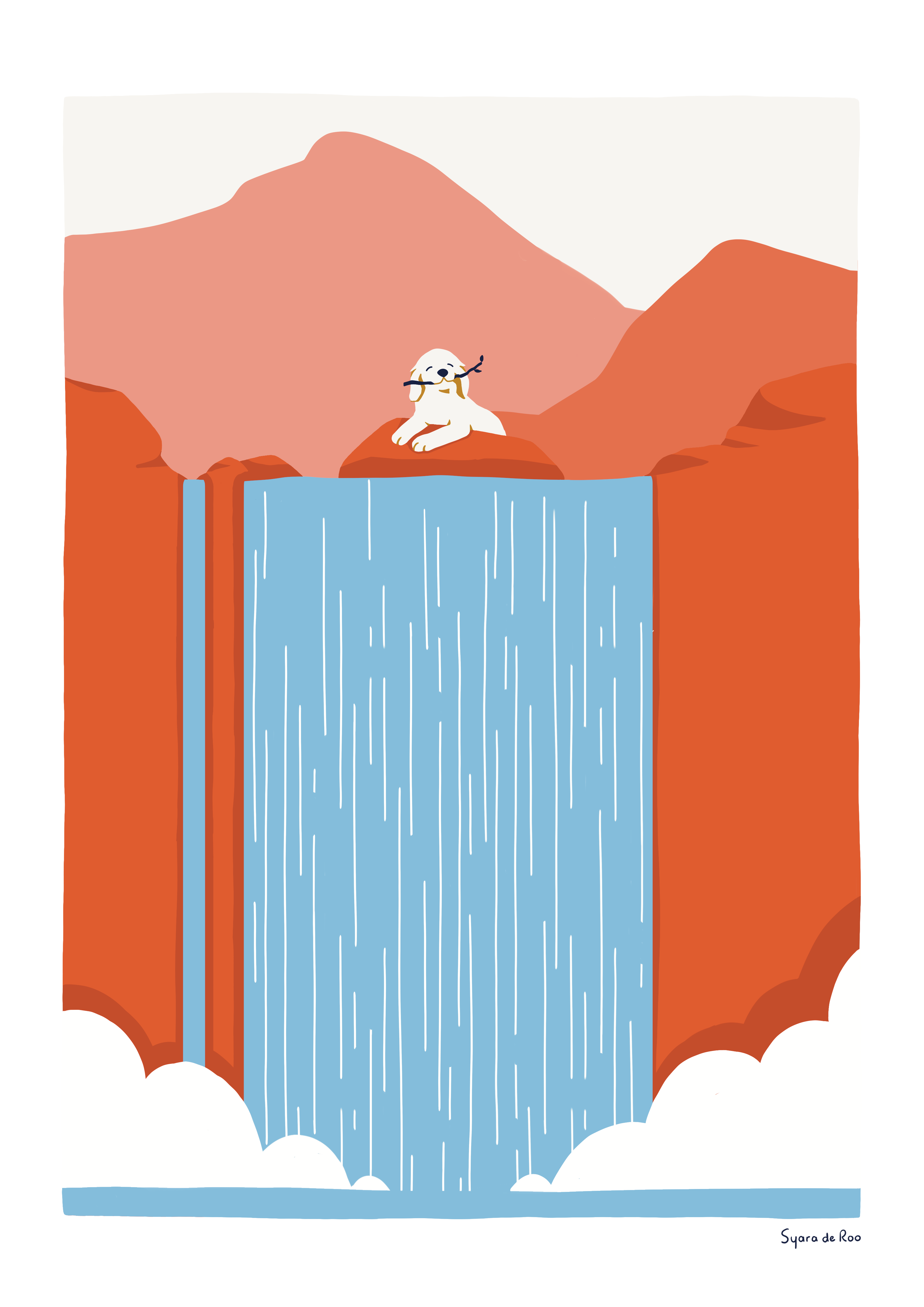 The Stick art print blue cliff dog golden retriever illustration mountain mountains poster procreate red stick waterfall