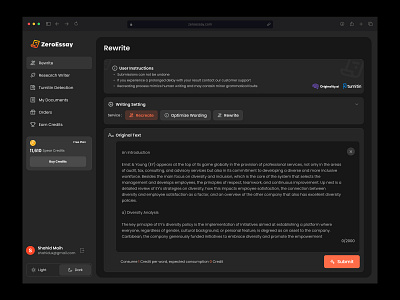 ZeroEssay - Humanstuck Rewrite AI Platform ai assistant ai rewriting generator artificial intelligence chatgpt copy ai dashboard ai generator humanize writing humanstuck rewrite ai paraphrase rewrite saas saas ai text ai text editor uiux web design writing ai