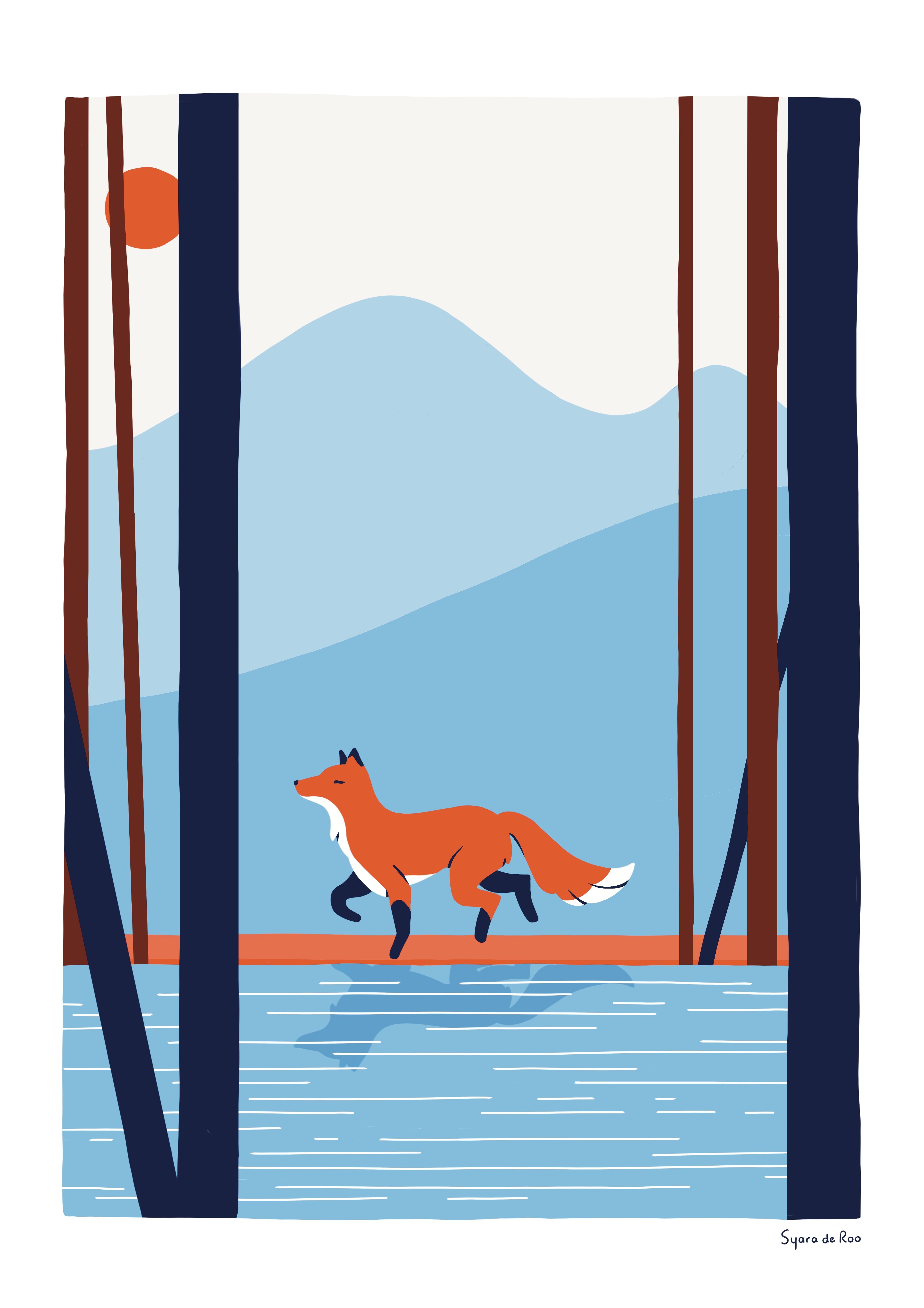 The Fox art art print bamboo blue forest fox illustration japan mountains poster procreate red river stream sun trees water