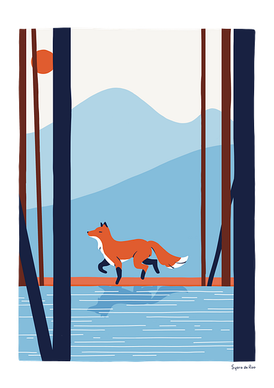 The Fox art art print bamboo blue forest fox illustration japan mountains poster procreate red river stream sun trees water