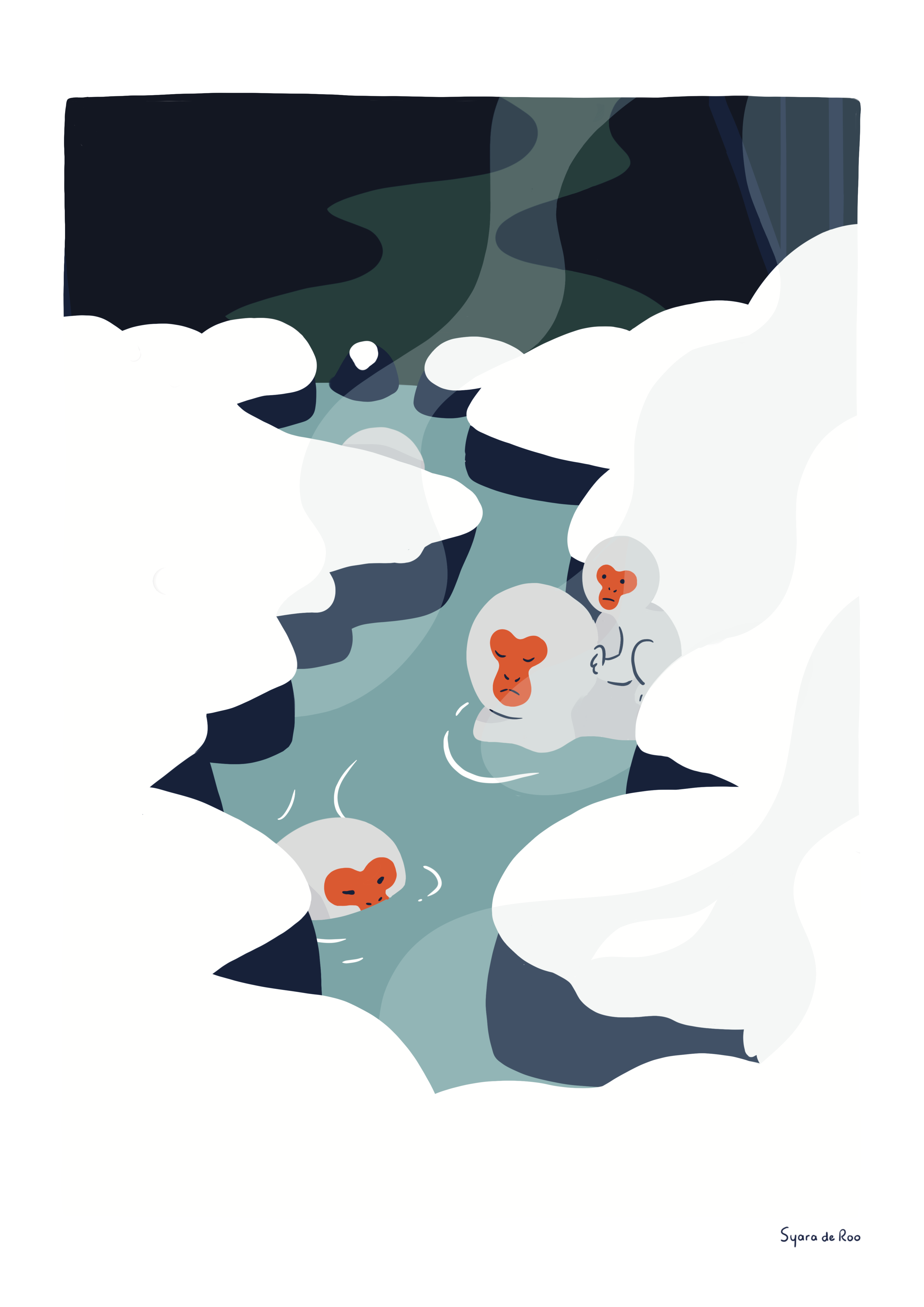 Snow Spa animal art art print family hotspring hottub illustration japan japanese macaque monkey mountains onsen poster procreate snow monkey spa steam