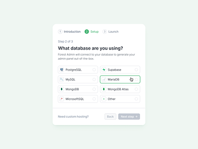 Forest Admin Onboarding Design credentials database form modal multi steps multisteps onboarding platform saas tech ui ux