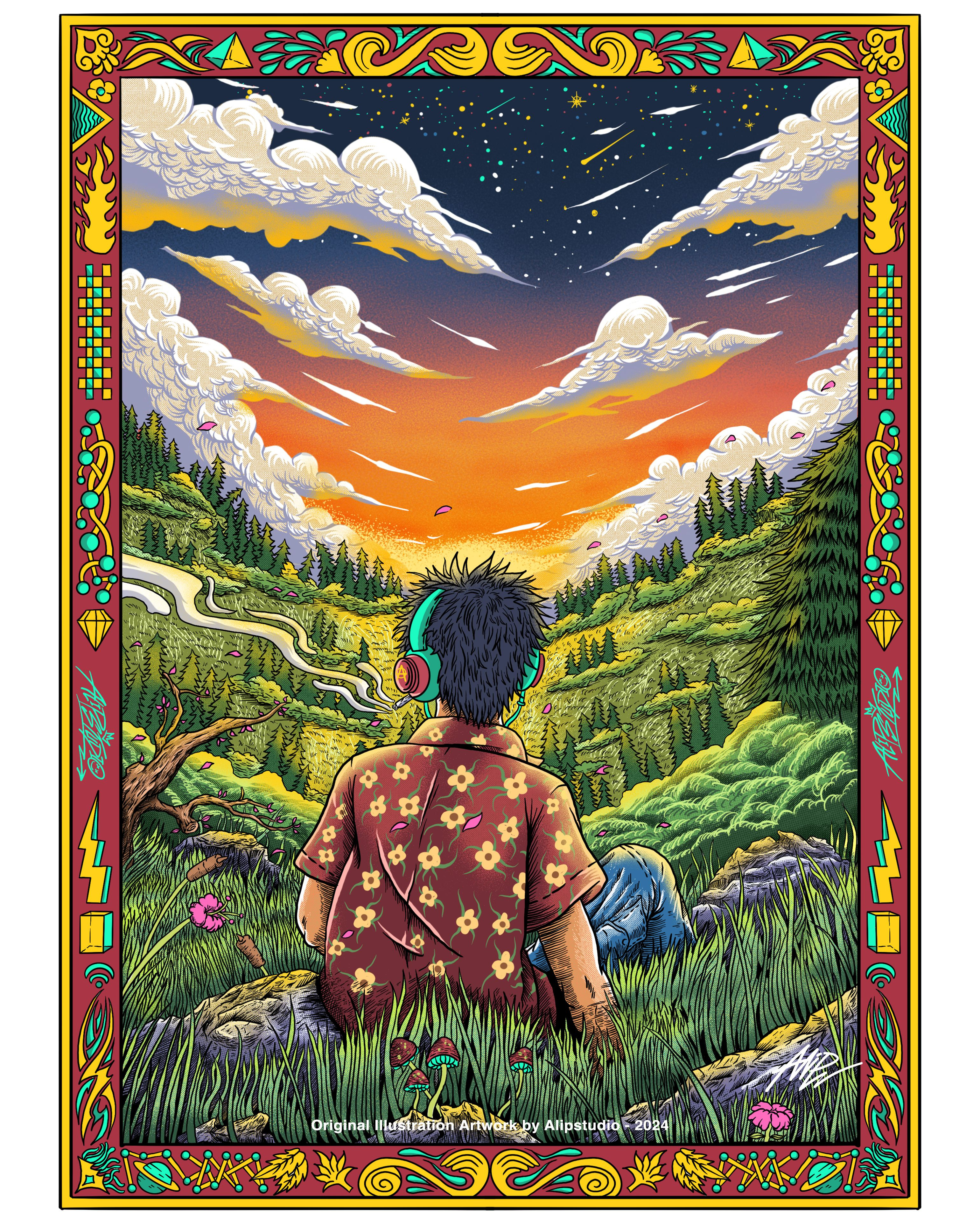 Sunrise Smoke Sesh alipstudio bush design flower freelance illustration illustrator jungle illustration nature nature illustration opentowork outdoors pine tree poster poster design smoking sunrise sunset