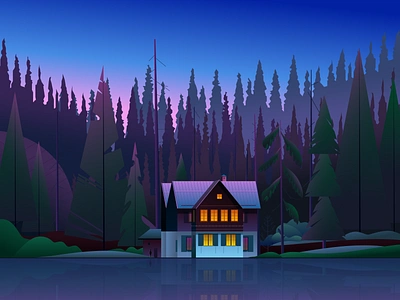 The World in Reflection architecture blue design digital illustration draw drawing forest halloween house illustration landscape mountain natural scenery painting people pink purple sky tree vector illustration