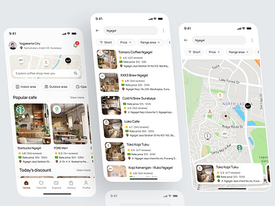 Coffee Shop Exploration Mobile App app cafe shop coffe coffee coffee shop exploration location map mobile rate rating search shop ui