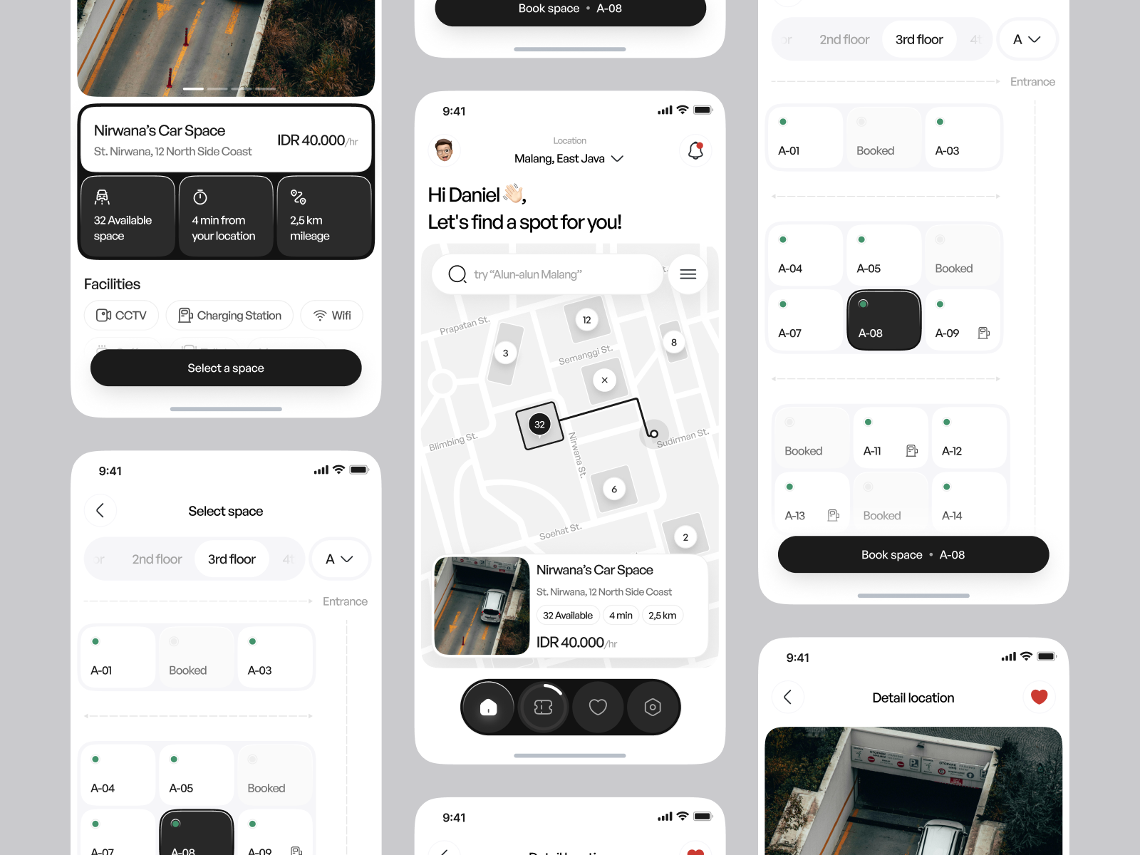 Wondr - Car Parking App [Selecting Space] booking car parking clean design detail location gps home ios location map mobile mobile app navigation park parking parking app space street ui uidesign