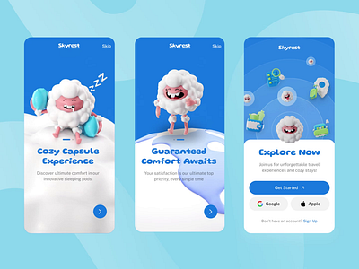 Skyrest : Capsule Hotel - Onboarding Illustration Mobile App 3d animation booking booking app branding capsule hotel character design cute character design hotel illustration mobile mobile app motion graphics on boarding ui uix ux visual branding walking animation